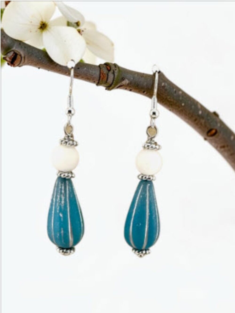 Blue Czech Glass Teardrop Earrings White Jade 925 Sterling Silver Coastal Boho